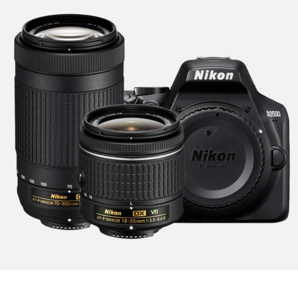 Nikon D3500 Camera with 2 lens kit, bag and embroidered strap